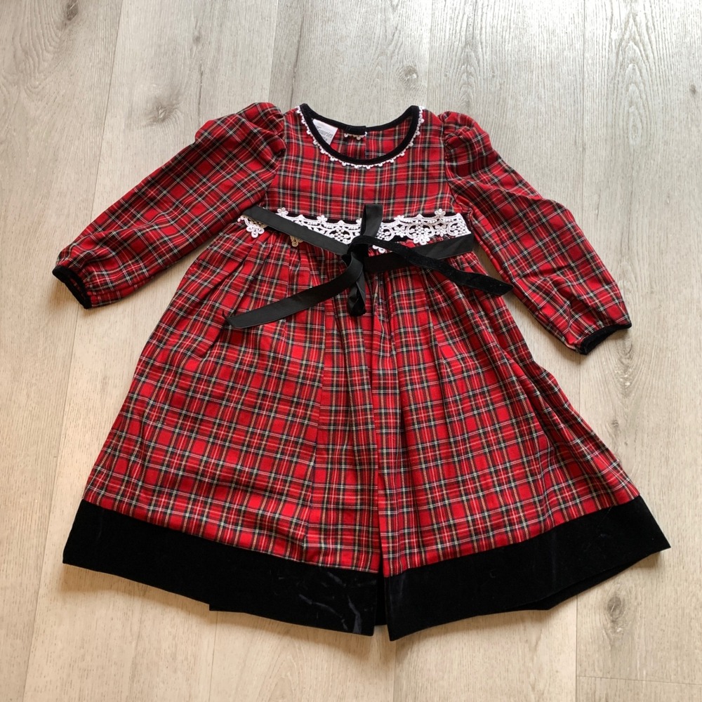 VTG 80s Memories by Jo Lene Girls Red Plaid Black Velvet Christma Holiday Dress